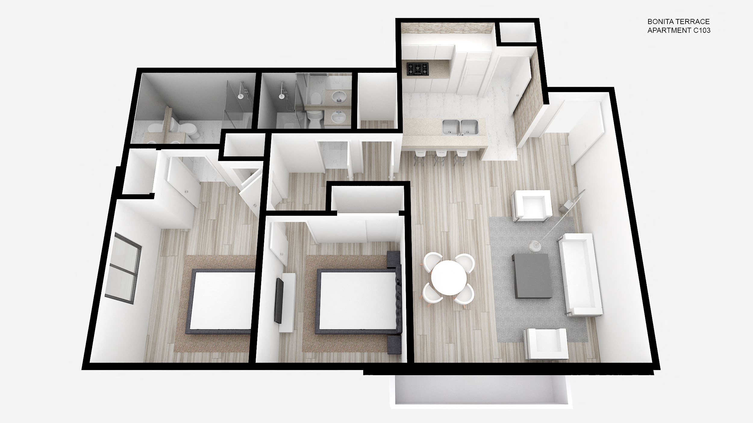 Floor plan for 2 beds, 2 baths, 951 sqft